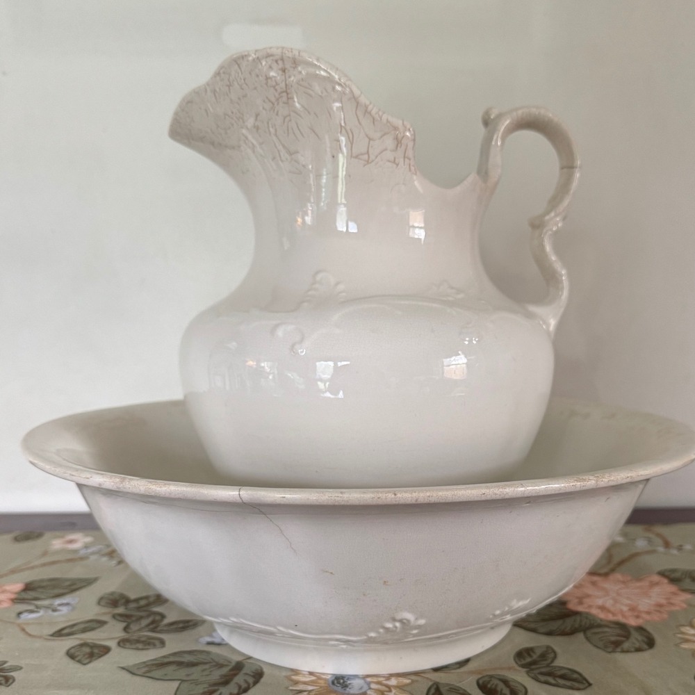 Antique California KT&K White Ironstone Wash Basin and Pitcher Set Farmhouse